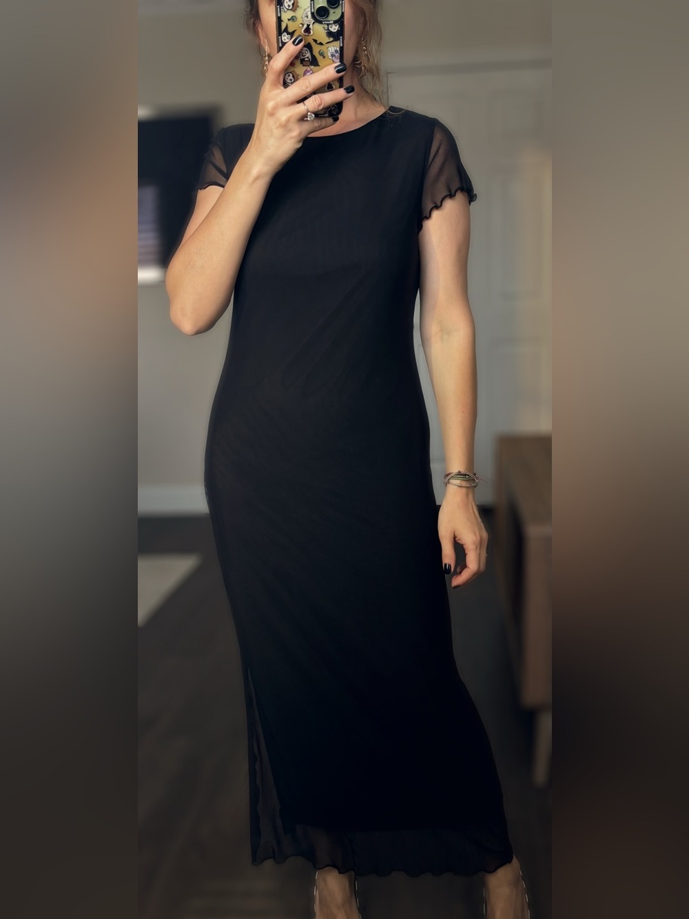bebe Black Short Sleeve Maxi Mesh dress with Ruffle Sleeves Sz L